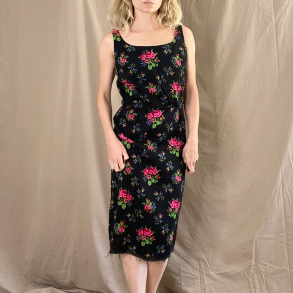 Vintage 1960s Maggi Stover Black Floral Wiggle Dress